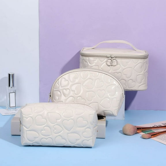 3-Piece Travel Makeup Bag Set with Zipper, Washable Leather Organizer Pouch for Cosmetics and Toiletries