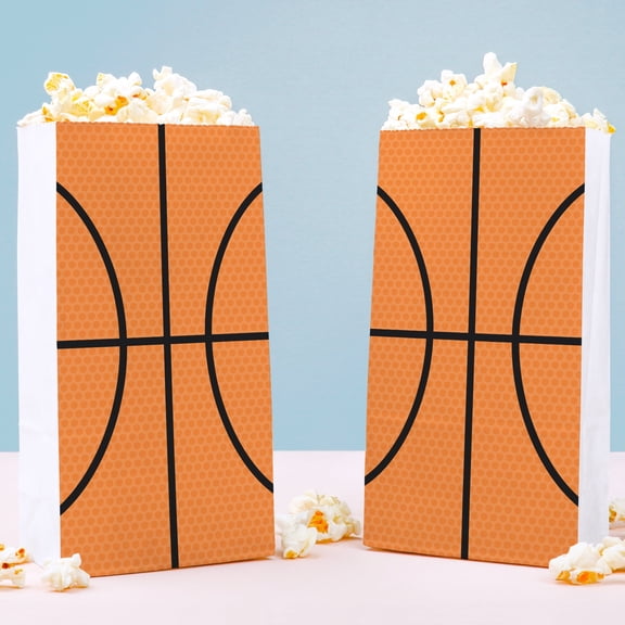 Big Dot of Happiness Basketball Popcorn Bags, Kids Sports Birthday Party Favor Snack Treats, Free-Standing Individual White Paper Bags - 25 Count