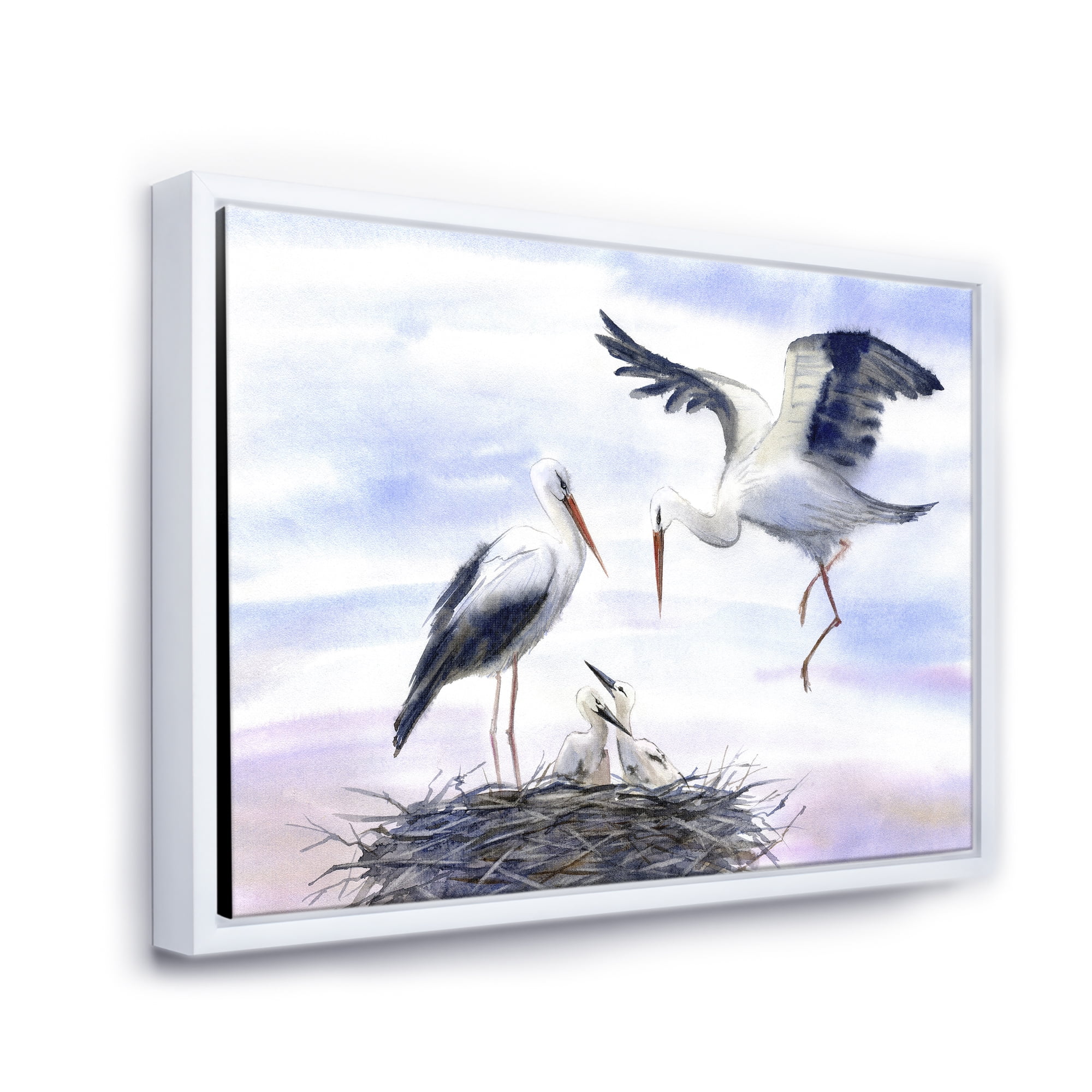 Storks With Babies In The Nest 20 in x 12 in Framed Painting Canvas Art Print, by Designart