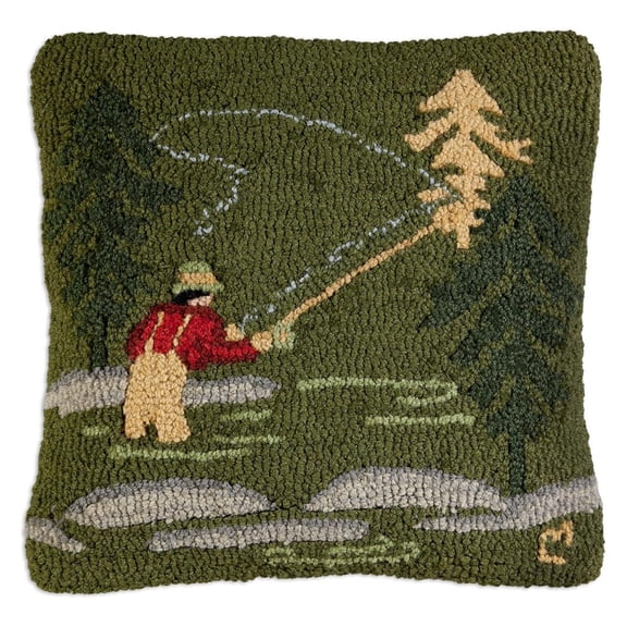 Bilot Artist-Designed Fly Fisherman Hand-Hooked Wool Decorative Throw Pillow (18” x 18”)
