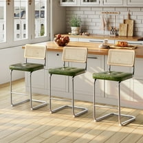 Zesthouse 25.6″ Natural Rattan Counter Stools Set of 3, Mid Century Modern Bar Stools with Cane Back & Chrome Legs, Cantilevered Design, Upholstered Faux Leather Barstools for Kitchen Island, Green
