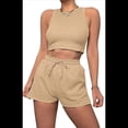 thumbnail image 2 of Conjuntos de Verano para Mujer, Conjunto Informal de 2 Piezas con Top Corto y Pantalones Cortos de Punto Gofre, Ropa de Dormir Color Caqui M, 2 of 9