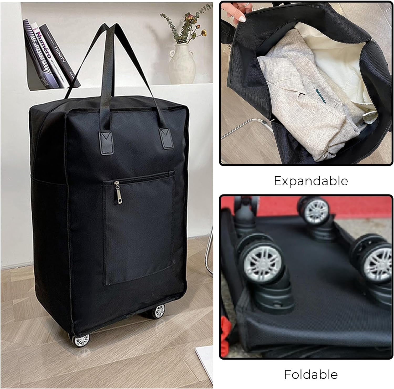 Expandable Foldable Duffel Bag with Wheels Rolling Duffle Bag Luggage Bag Carry on Bag Lightweight Suitcases,Black