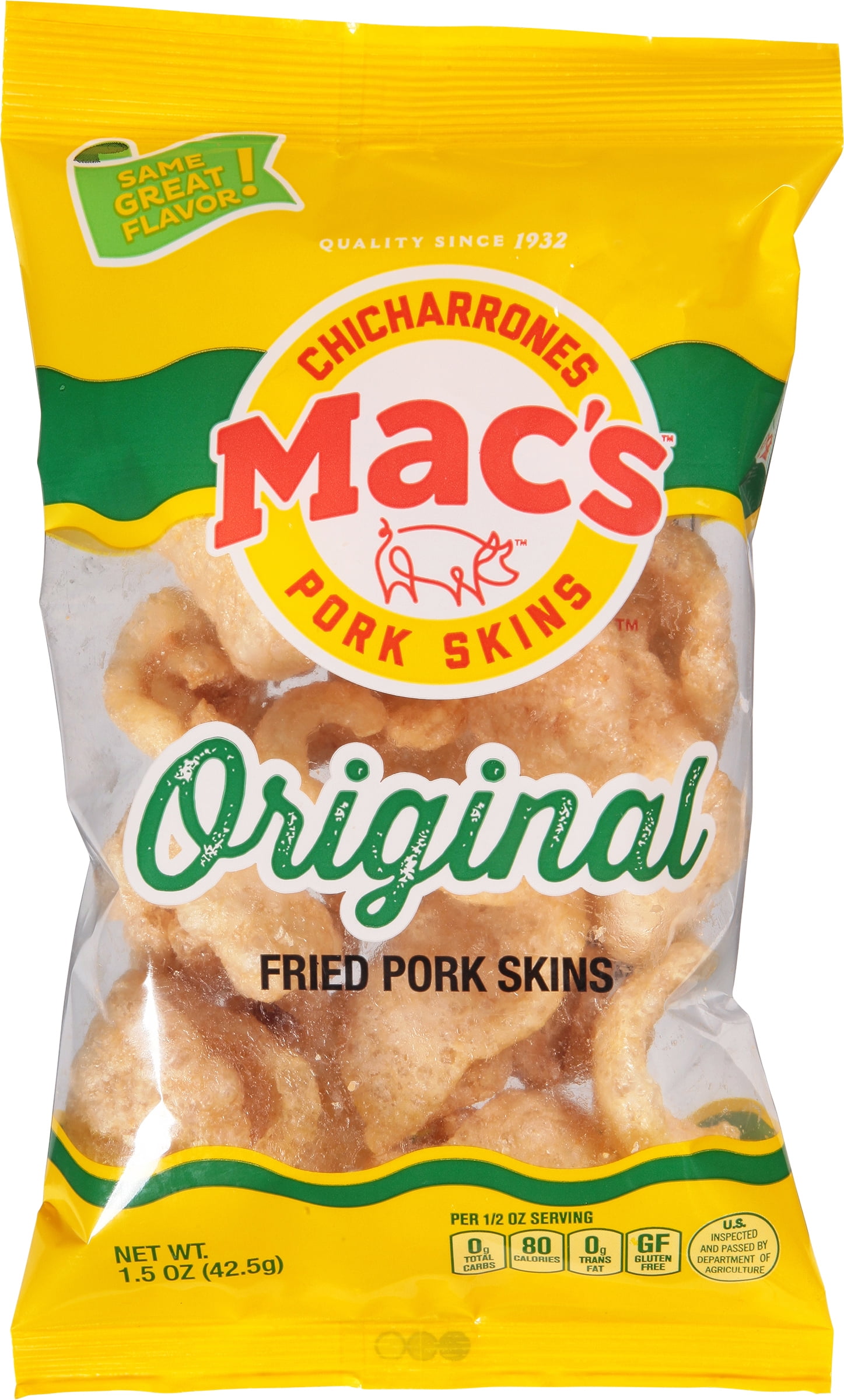 Mac's Chicharrones Original Flavored Crispy Fried Pork Skins, 1.5 oz Bag