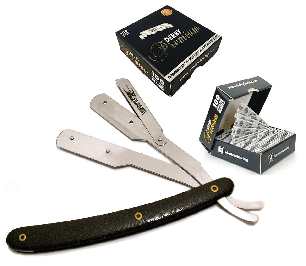 Stainless Steel Straight Razor, Shavette w/ 100 Derby Premium Single