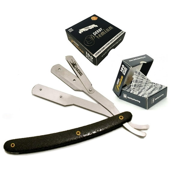 Stainless Steel Straight Razor, Shavette w/ 100 Derby Premium Single Edge Razor Blades