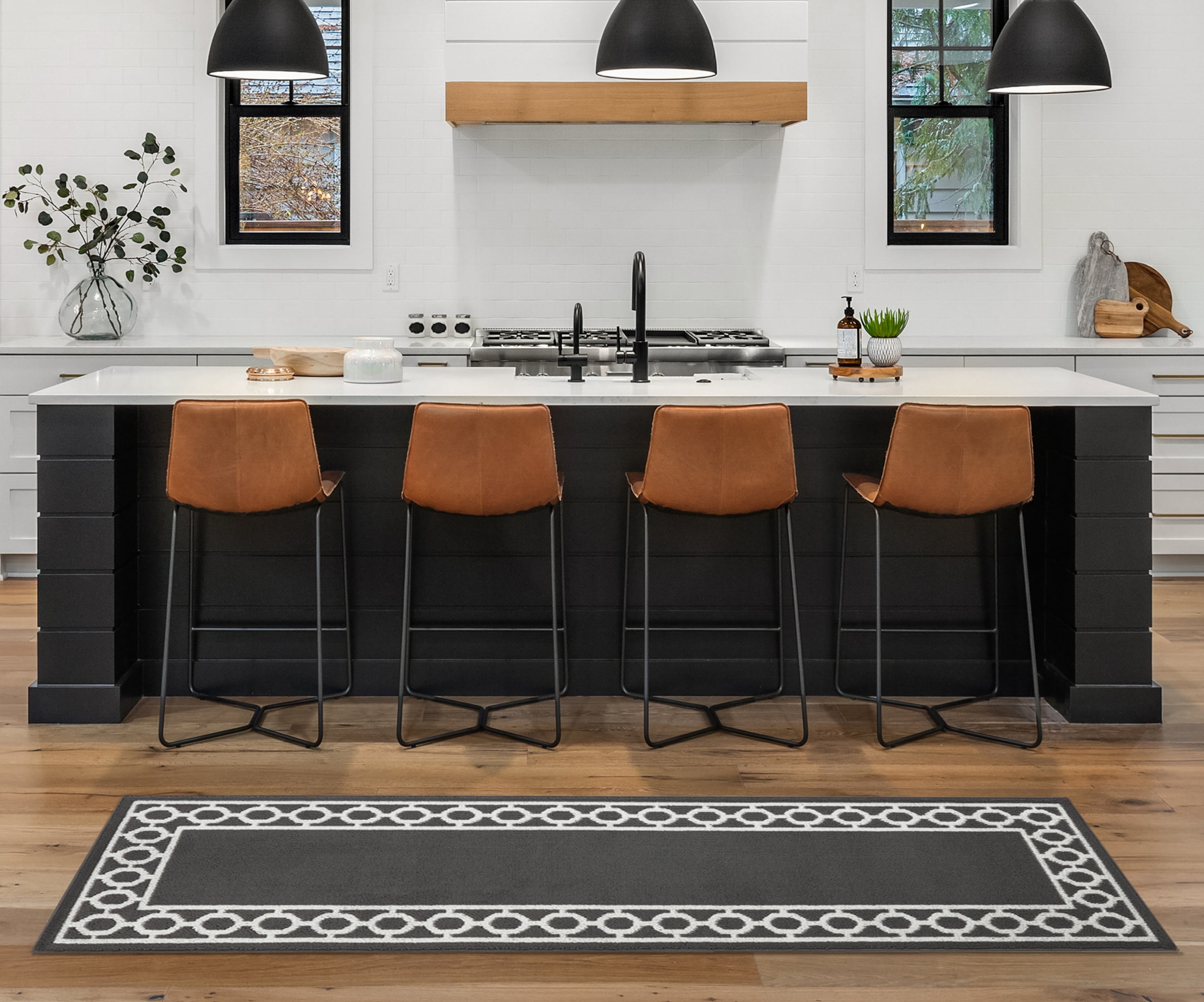 Washable Skid-Resistant Runner Rug, Trellis Border, Dark Grey and White, 26" x 96"