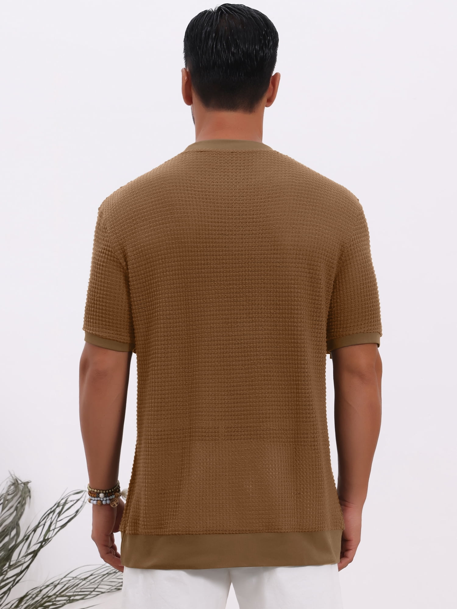 DARING DIVA Men's Waffle Short Sleeve Crew Neck Solid Knitted T-Shirt S Brown