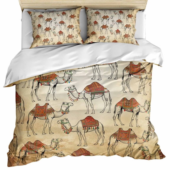 Desert Sand Camel Bedding 3 Piece Duvet Cover Set California King, Summer Tropical Animals Vintage Beige Microfiber Comforter Cover with Zipper Closure & Pillowcases, FadeResistant Quilt Cover