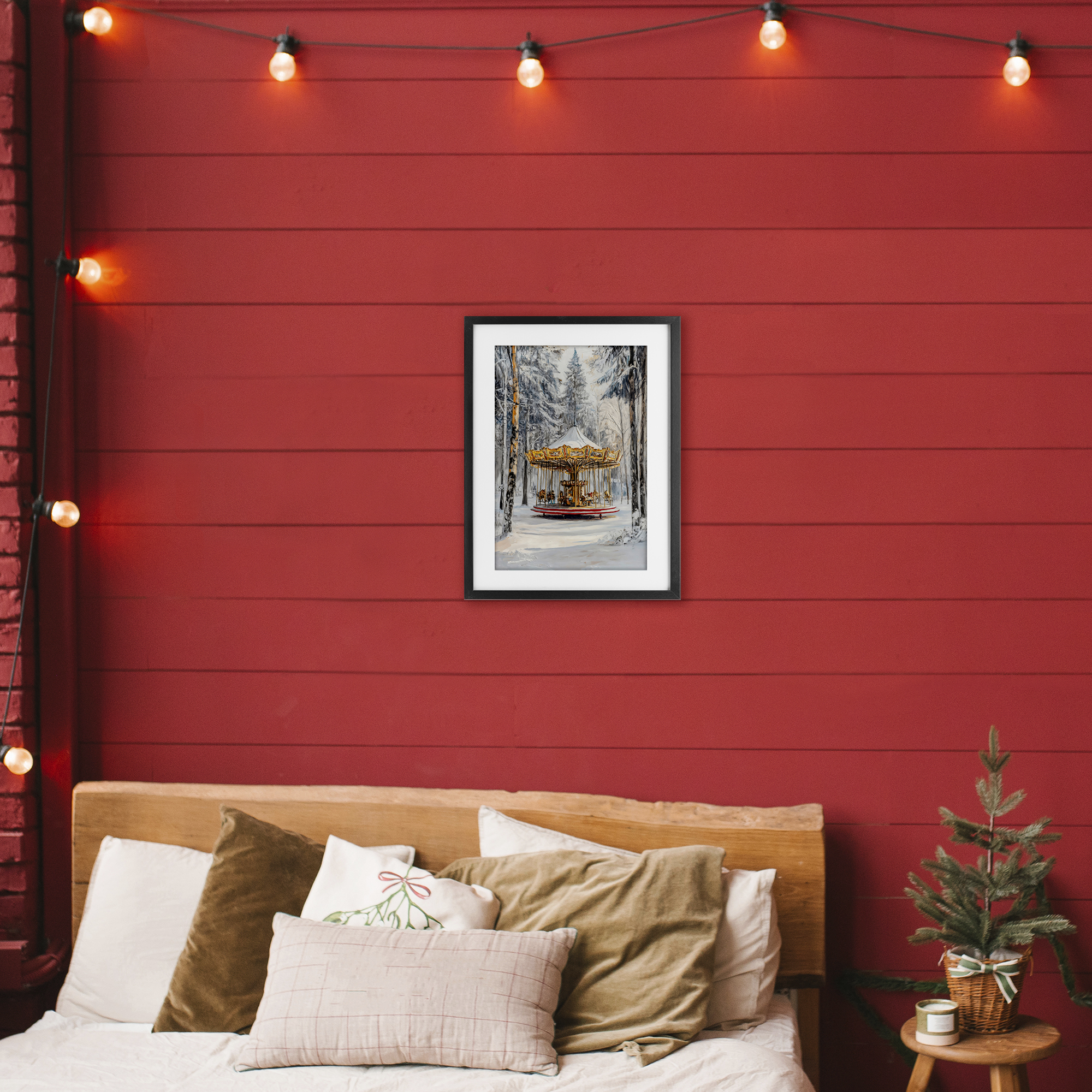 Winter Wonderland Carousel Black Framed Print Under Glass, design by Petal Prints Design