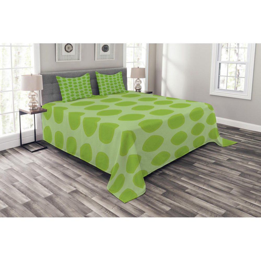 Lime Green Bedspread Set King Size, Simplistic Formless Geometric