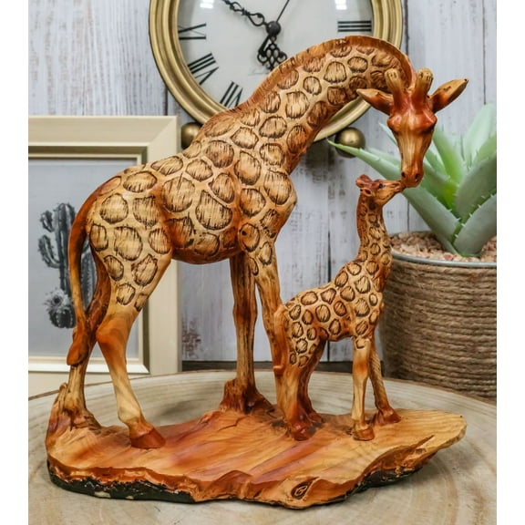 Safari Giraffe Family Statue 6.75"H Faux Wood Resin Giraffe Mother And Calf