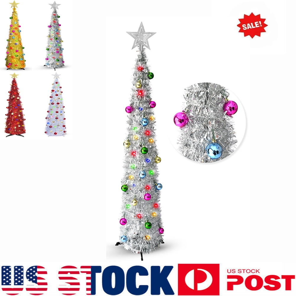 5 Ft Christmas Black Tree Timer DIY 50 Lights Battery Operated Pumpkin Top  Sequin Tinsel Artificial Pop Up Pencil Christmas Decoration Home Indoor