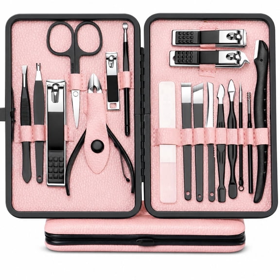 18-Piece Professional Pink Manicure Set with Stainless Steel Nail Clippers and Grooming Tools