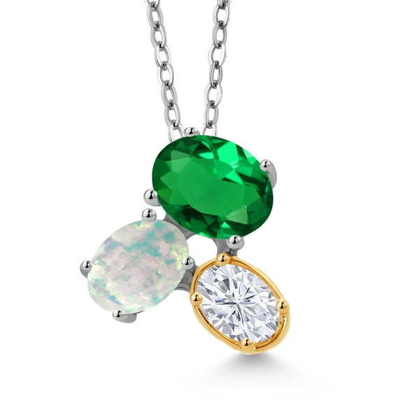 925 Silver and 10K Yellow Gold Green Nano Emerald White Opal and White Moissanite Pendant Necklace for Women (2.25 Cttw, Oval 8X6MM, 7X5MM and 6X4MM, Gemstone May Birthstone, with 18 inch Chain)