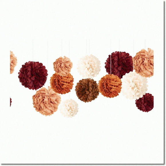 Rustic Romance Tissue Pom Poms - 12 PCS Wedding Party Decorations in Carmine, Rust Orange, and Light Brown for Retro Parties, Baby Shower, Birthday, and Thanksgiving