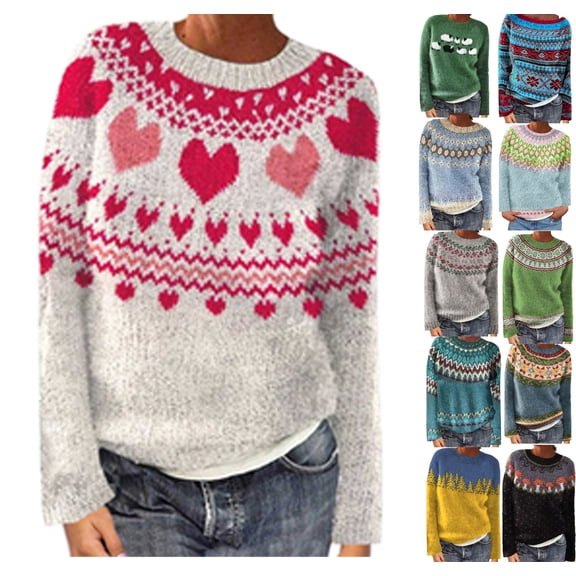 Luivaraty Womens Sweaters Chirstmas Vintage Pullovers Casual Loose Crew Neck Fall Winter Warm Knitted Sweater, S-2XL