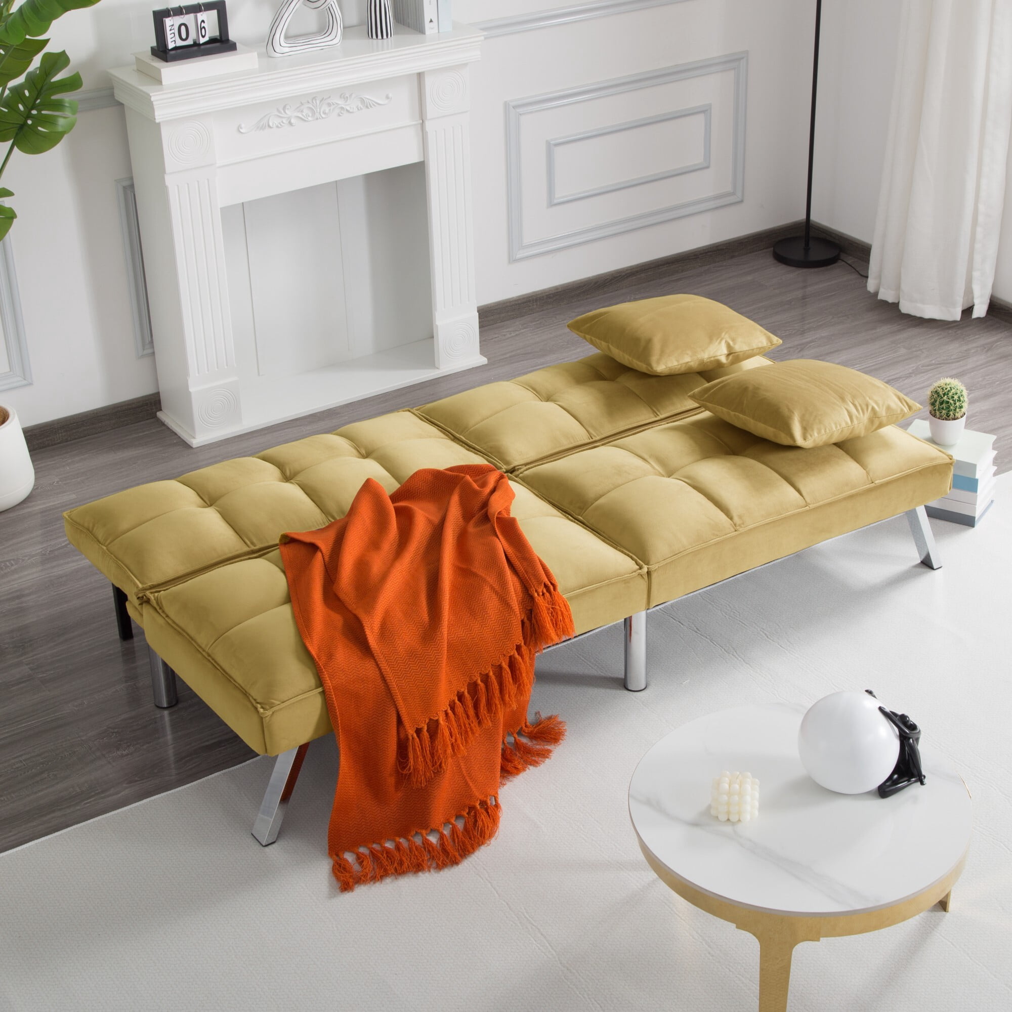 DEALTOPS 67" Convertible Futon Sofa Bed, 5-Angle Split-Back Sleeper with 2 Pillows for Small Spaces, Mustard Yellow