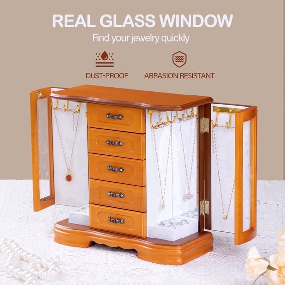 Stufurhome Wooden Jewelry Box with Mirror and 12 Hooks, Brown Jewelry Box for Woman with Velvet Lining