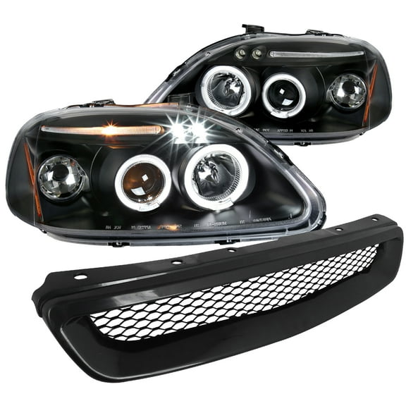 Spec-D Tuning Black LED Halo Projector Headlights Type R Style Grille Compatible with 1996-1998 Honda Civic Left   Right Pair Headlamps Assembly