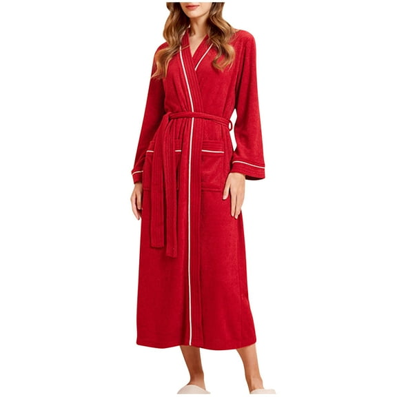 Womens Cottons Pajama Pants Robes for Women Long Terrycloth Knit Bathrobe Lightweight Kimonos Robe Soft Spa Long Sleeve Full-Length Robes with Pockets S-32 Red-a 3XL