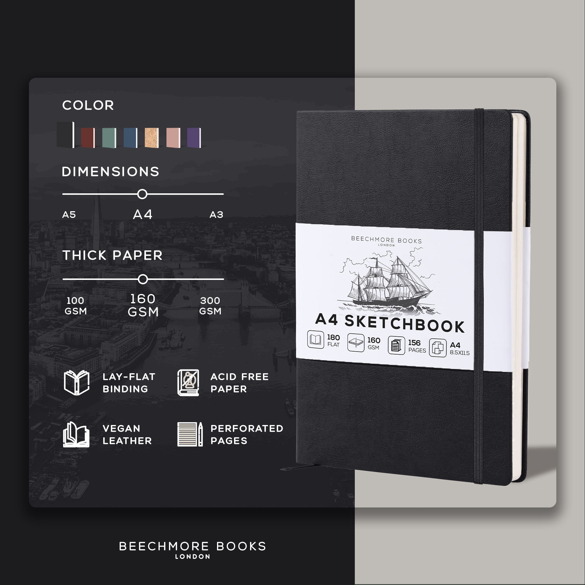 Beechmore Books A4 Sketchbook – 8.5x11" Premium Vegan Leather Bound Large Sketch Book Hardcover With 156 Thick 160gsm Perforated Ivory Pages, Blank Sketch Pad, Gift Boxed, Back Pocket Ribbon Bookmark