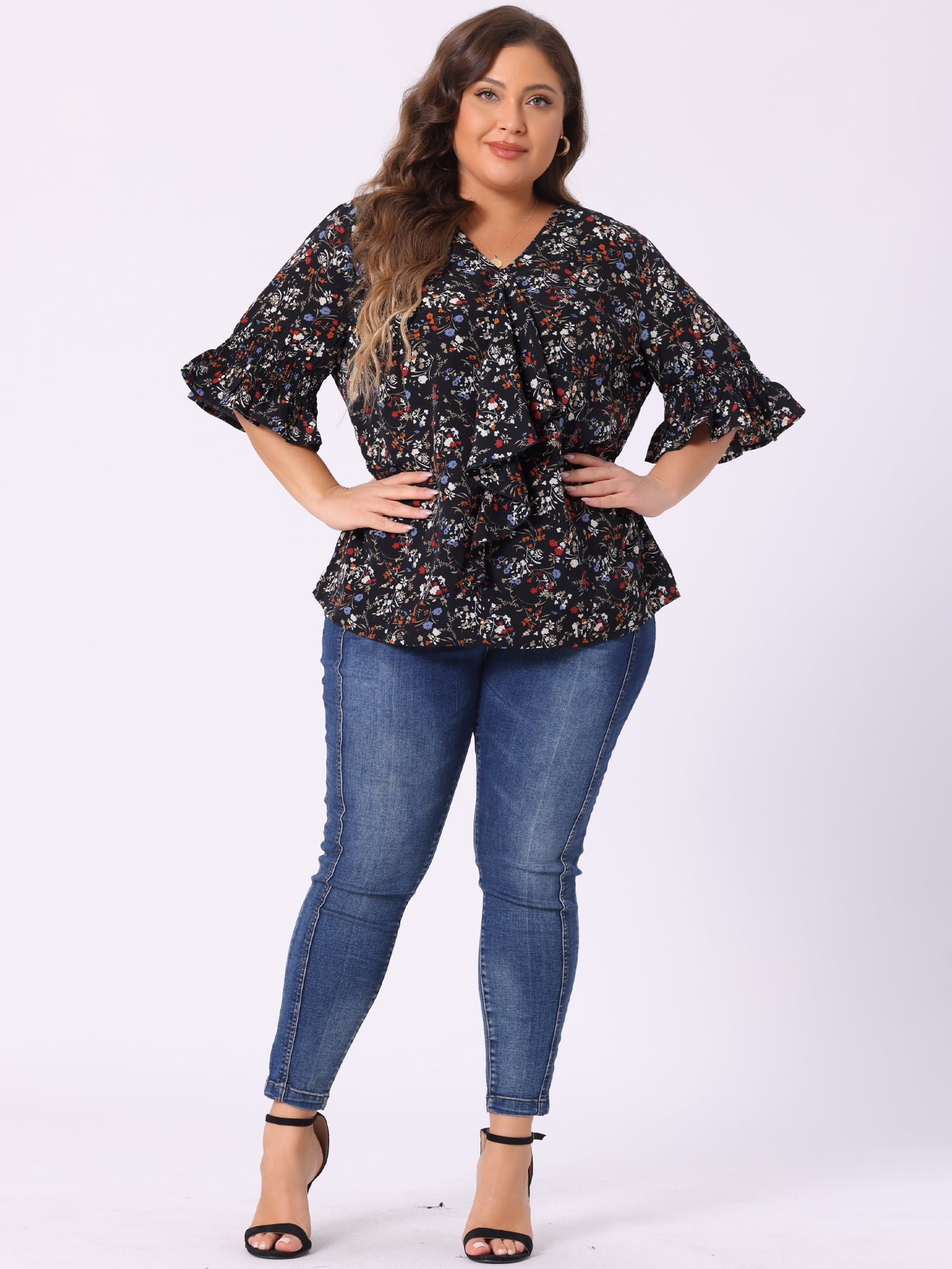 DARING DIVA Women's Plus Ruffle Loose V Neck Smocked Sleeves Top 3X Black