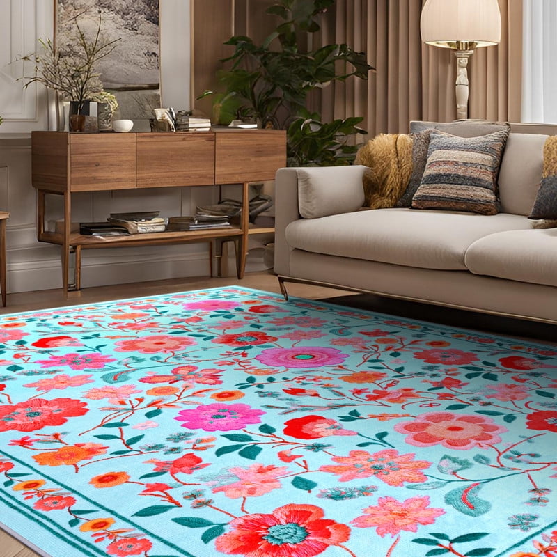 GUUCHA 8'x10'Area Rugs for Living Room Floral Print Rug Floor Carpet for Bedroom,Blue