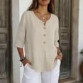 thumbnail image 3 of Womens Linen Tops Summer Linen Tops Womens Gauze Tops Loose Fit Tee Shirt Women Peasant Tops For Women Summer Blouses For Women Beach Vacation Tshirts Flowy Tops For Women Beige S, 3 of 8