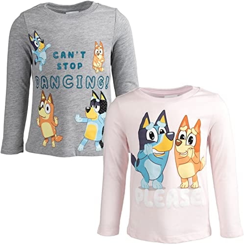 Camiseta de manga larga Bluey para niñas pequeñas paquete de 2 gris/rosa 4T