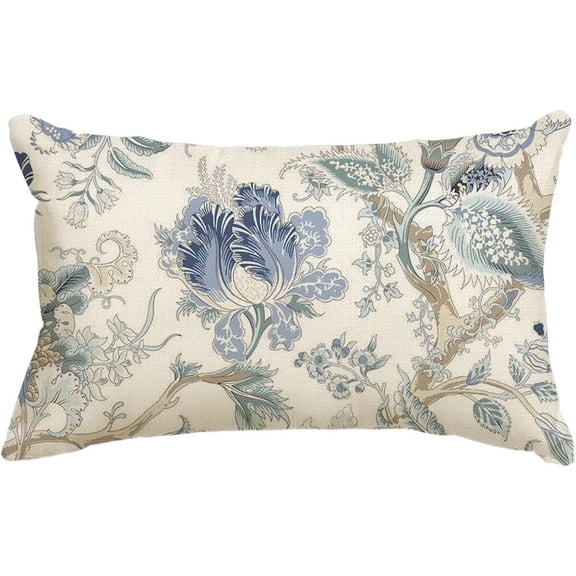 Chinoiserie Flowers Trees Blue Throw Pillow Cover, 12 x 20 Inch Floral Cushion Case Outdoor Decoration for Sofa Couch Farmhouse