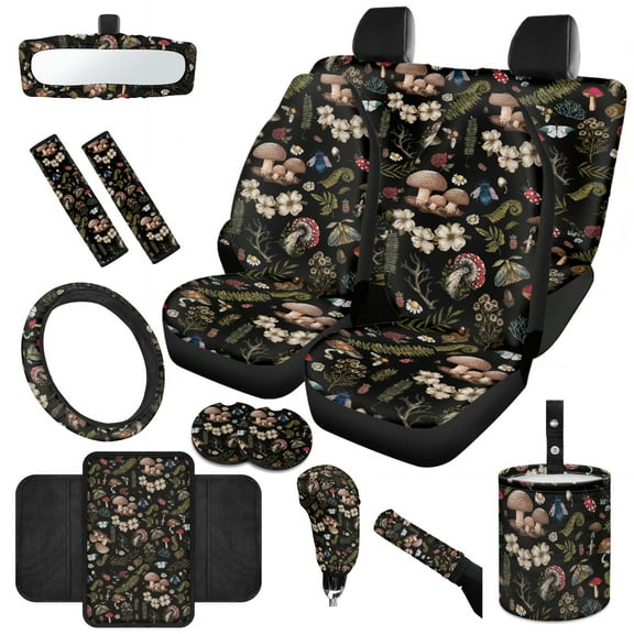 Jeiento Aesthetic Mushroom Car Seat Covers Full Sets of 14, Steering Wheel Cover Seat Belt Pad Car Garbage Can Coaster Car Armrest Cover Gear Shift Cover Rearview Mirror Cover Auto Accessory