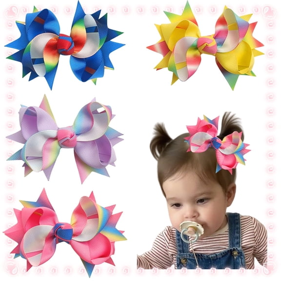 4 Pack 3.9inch JoyBowie Rainbow Hair Bows for Toddlers Girls, Multi-Layer Ribbon Hair Clips for Kids Daily Use Party Hairstyles