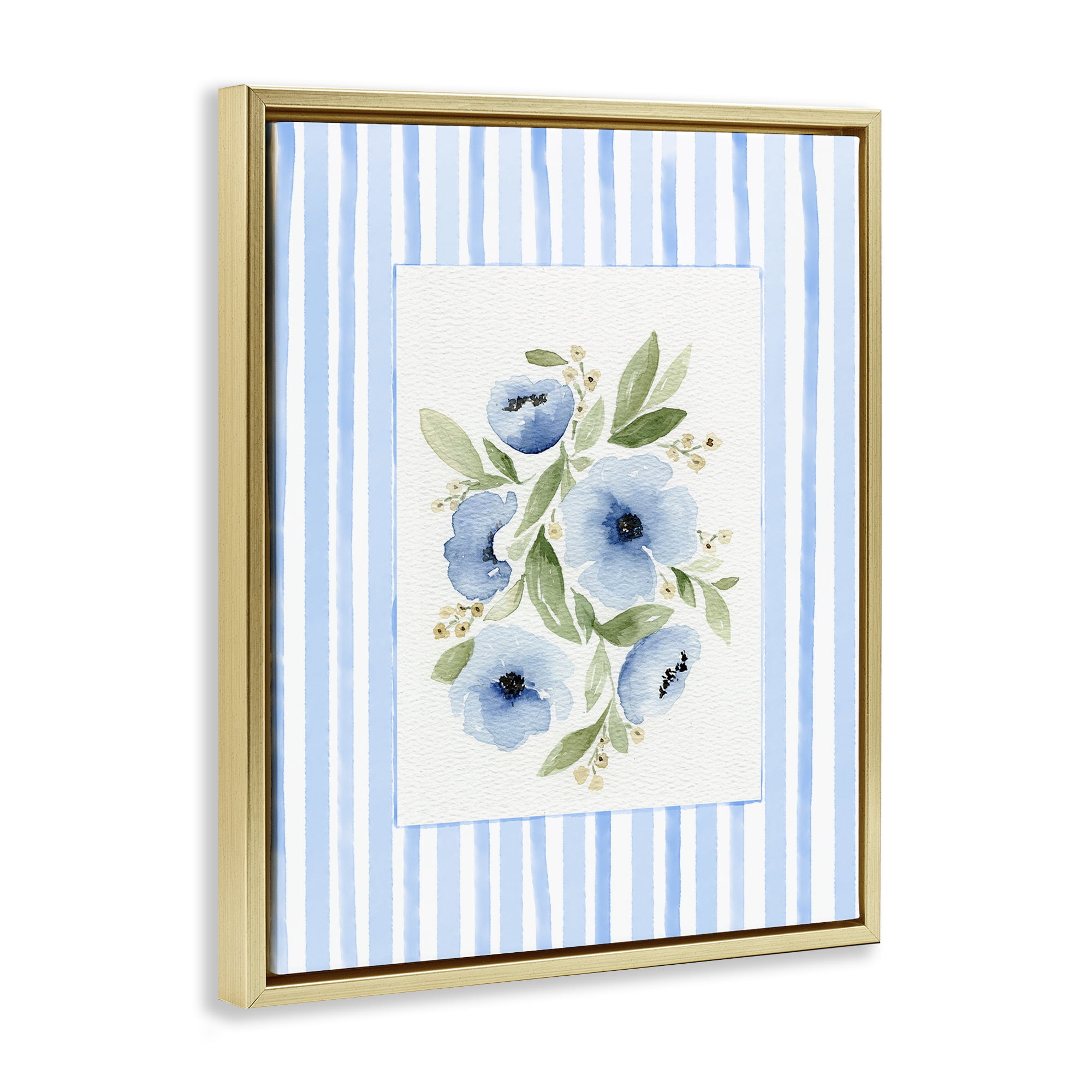 Stupell Industries Flowers With Stripe Border Gold Framed Floater Canvas Wall Art, design by Leah Noel Art