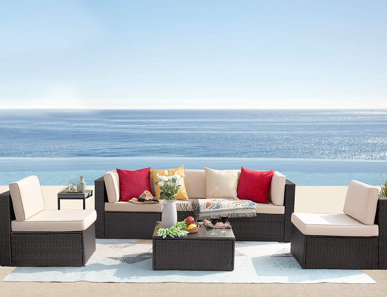 Vineego 6 Pieces Outdoor Patio Furniture Sets Wicker Sectional Sofa PE Rattan Conversation Sets with Cushions, Beige