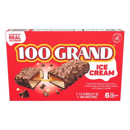 100 Grand Ice Cream Bars with Caramel, Crispy Crunchies & Chocolatey Coating, 6 pack, Frozen Dessert