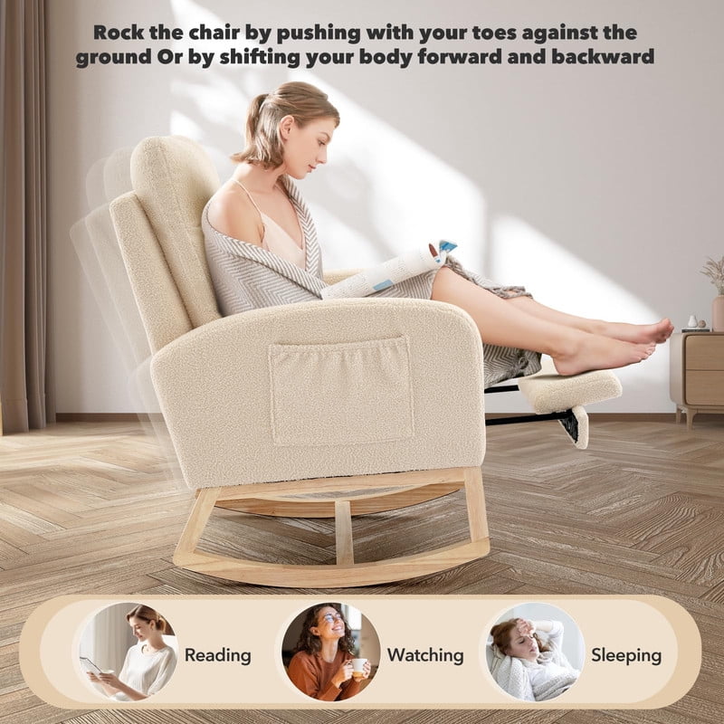 Towallmark Nursery Rocking Chair, Nursing Glider Chair with Footrest, High Backrest Rocker for Mom, Upholstered Lounge Chair with Solid Wood Base, Living Room Bedroom Nursery