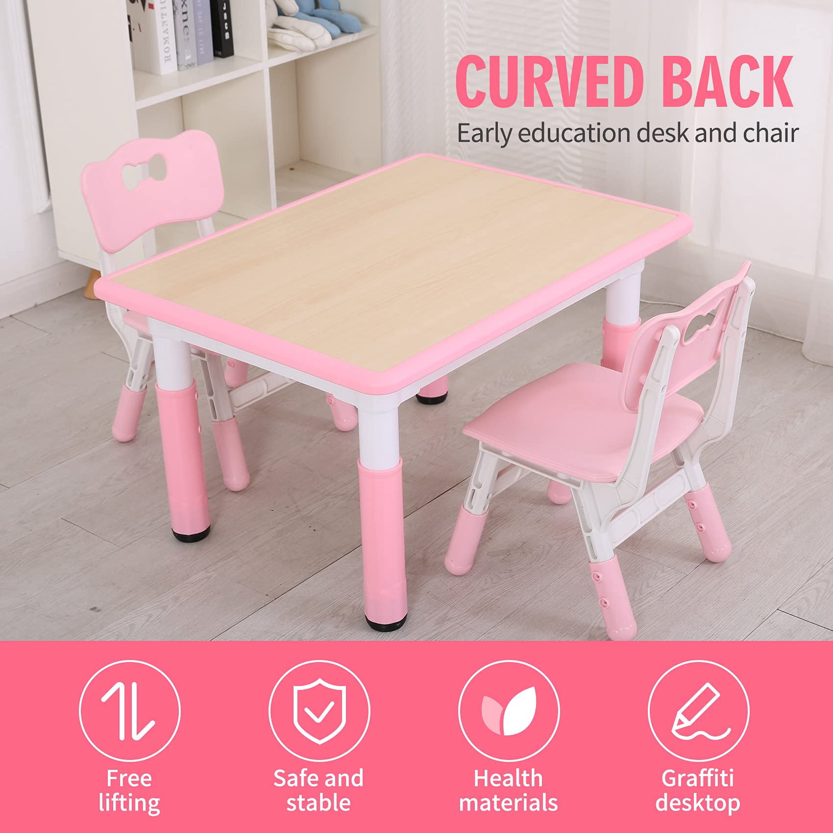 UNICOO® Kids Table and 2 Chairs Set, Height Adjustable Toddler Table and Chair Set, Easy to Wipe Arts & Crafts Table, Suitable for Ages 2-8, Toddler Table and Chairs (BY-60-MP)
