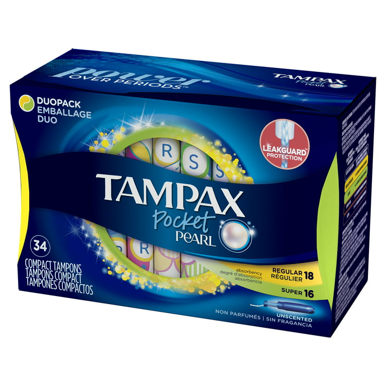 Tampax Pocket Pearl Duopack (Regular/Super) Plastic Tampons, Unscented, 34  Count 