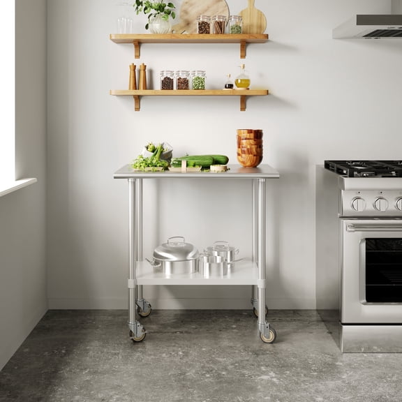 Flash Furniture 24x36 Portable Prep and Work Table with NSF Certified 18 Gauge Stainless Steel Top Shelf, Galvanized Steel Undershelf, 4 Casters with 2 Locking