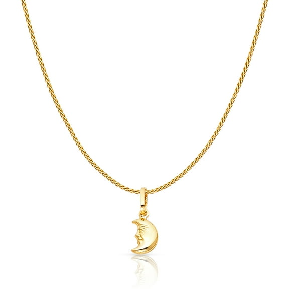 14K Yellow Gold Half Moon Face Charm Pendant with 0.9mm Wheat Chain Necklace - 18"