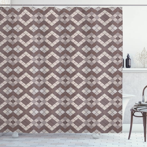 Geometric Shower Curtain, Abstract Patchwork Pattern with Floral Elements Dot and Snowflakes Rhombus Design, Fabric Bathroom Set with Hooks, 69W X 70L Inches, Multicolor, by Ambesonne