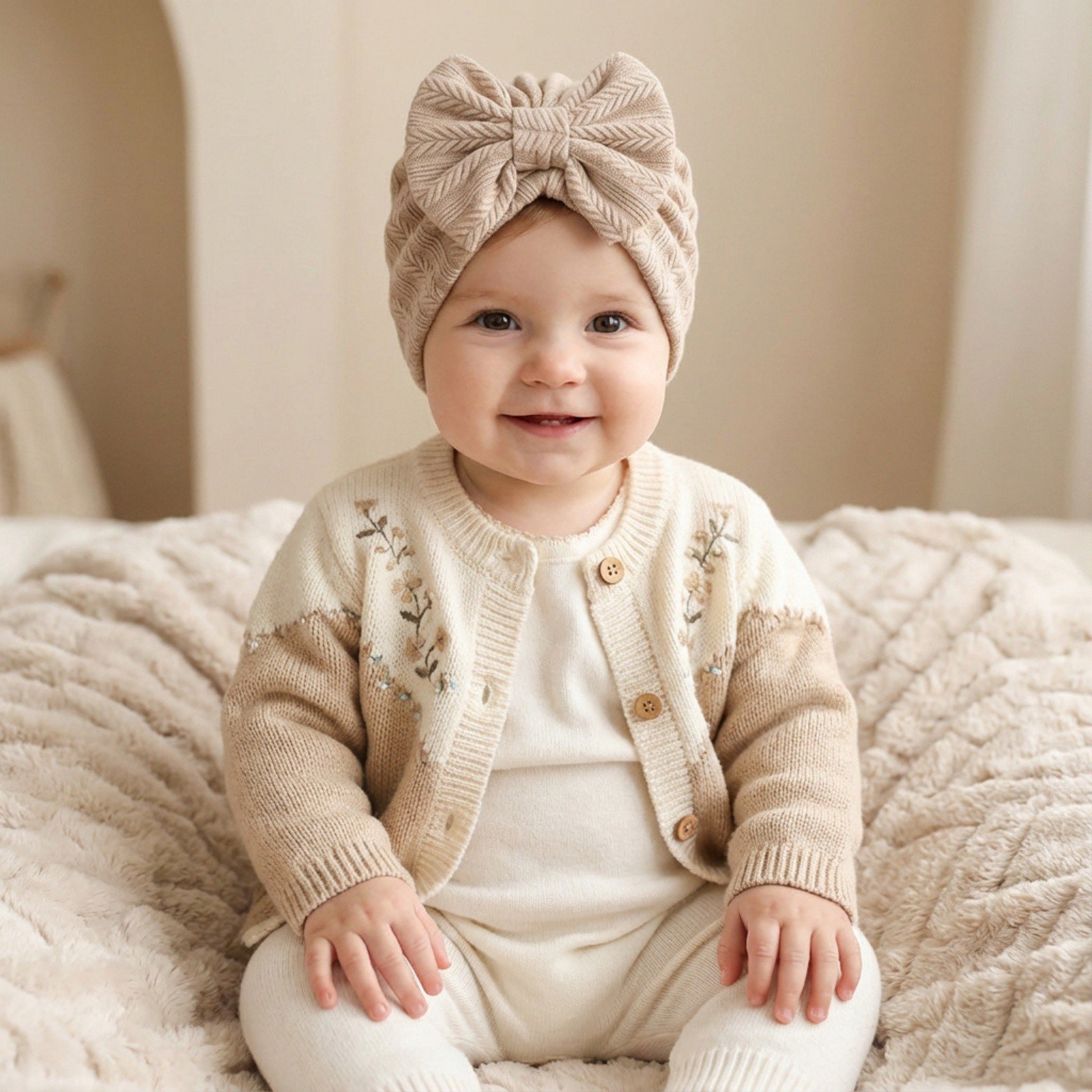 Soft Knit Baby Hat With Wheat Stripes And Cute Bow – Cozy Headwear For To Toddlers
