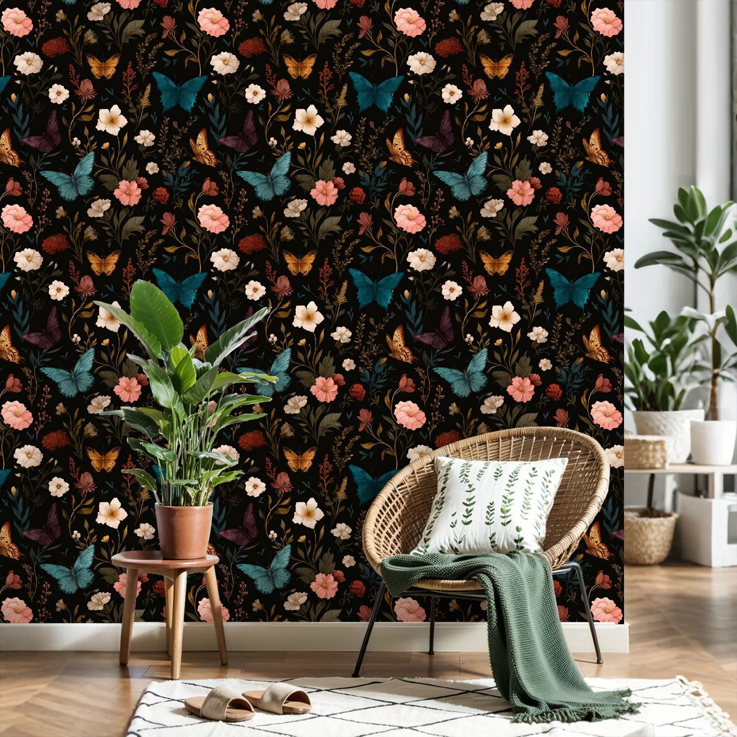 Peel and Stick Wallpaper Floral Botanical Butterflies Dark Elegant Vintage Style 24in x 118in Contact Paper Removable Self Adhesive Wall Mural Wall Decor for Bedroom Kitchen Cabinets
