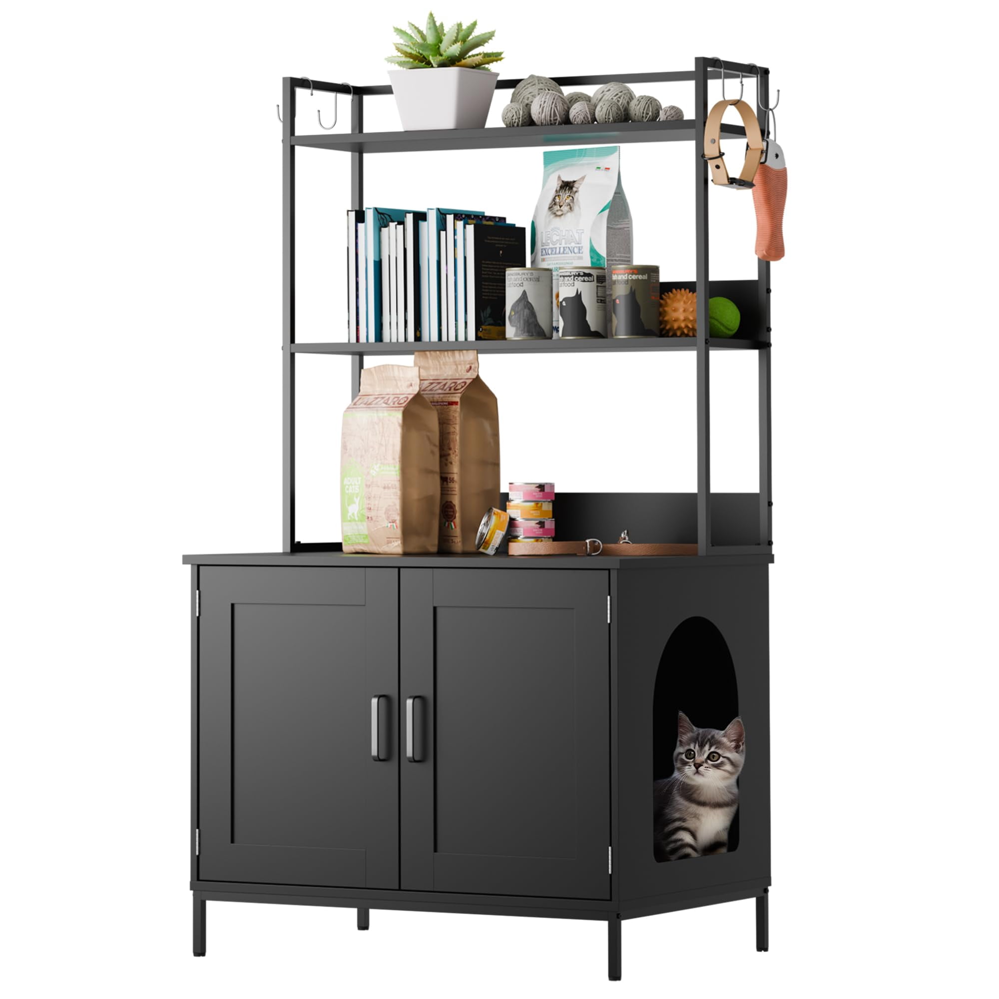 Cozy Castle Cat Litter Box Enclosure - 57'' Wooden Furniture with Large Cabinet, Shelves & 4 S-Hooks, Hidden Pet Washroom Indoor, Black