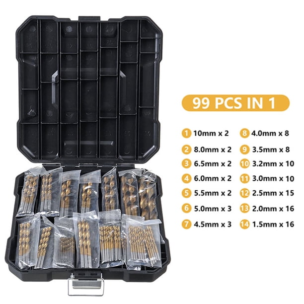 M Buder Juego de 99 Brocas Helicoidales de Vástago Recto de Acero Rápido HSS Recubiertas de Titanio con Estuche de Almacenamiento Accesorios Profesionales