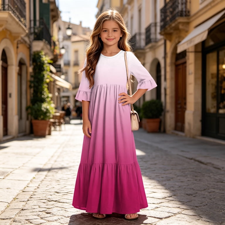 maxi girls boho dress BLTIBY Dresses for Gradient Printed Crew Neck Summer Dresses with Pockets Hot Pink 11-12 Years Soft front neckline offers