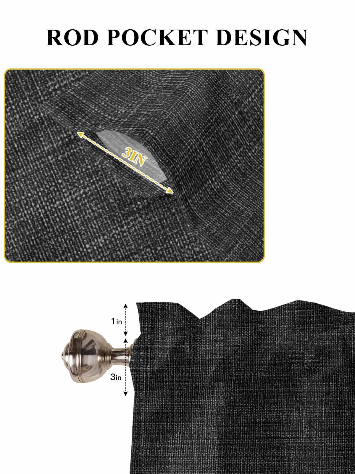 Black Half Window Curtain 36 Inches Long, Farmhouse Burlap Solid Black Color Modern Linen Texture Window Treatment Curtain Drapes, Small Tier Curtains for Bathroom Over Sink, 27.5"x36", 2 Panels