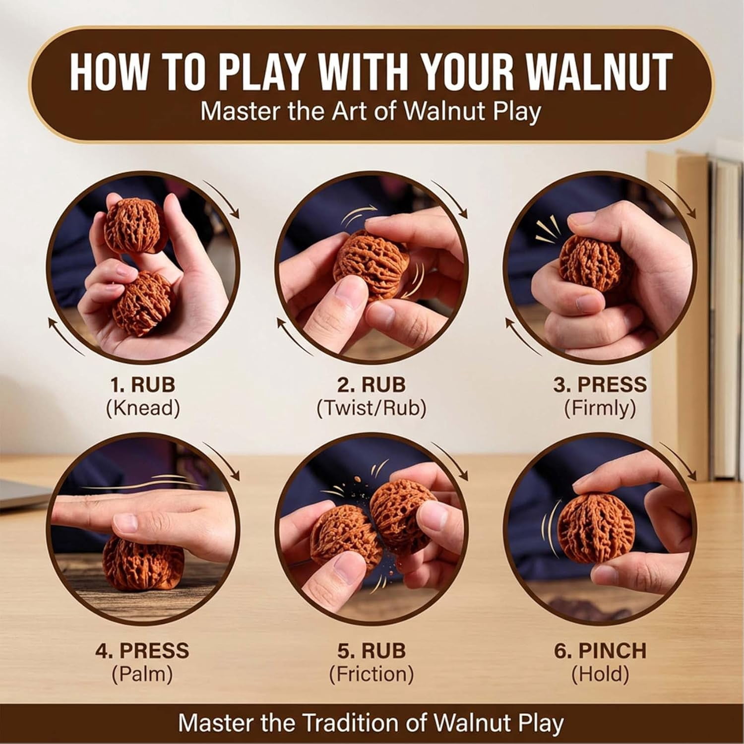 Natural Chinese Wenwan Walnuts - 1.8 Inch Hand Massage Fidget Balls for Stress Relief Relaxation, Smooth Polished Surface, Durable Wear-Resistant Shell Develops Patina, Gift for Adults Seniors