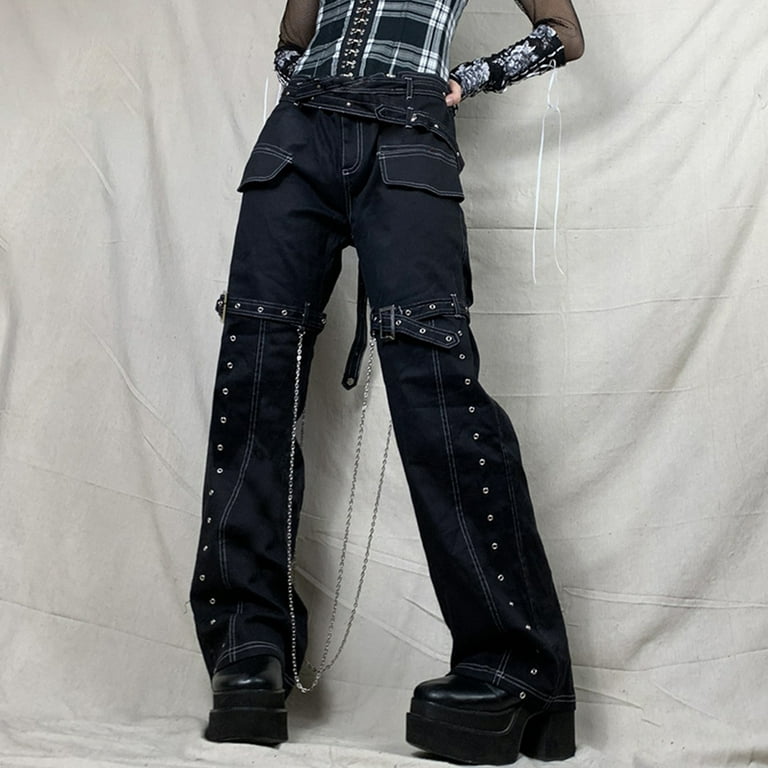 GENEMA Women Goth Punk Baggy Cargo Jeans Harajuku Metal Chain Eyelets  Striped Multi Pockets Straight Leg Denim Pants Trousers